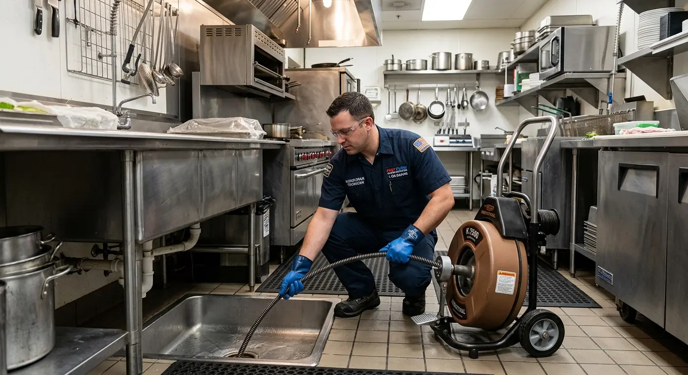 Commercial drain cleaning service in a restaurant kitchen in Marvin
