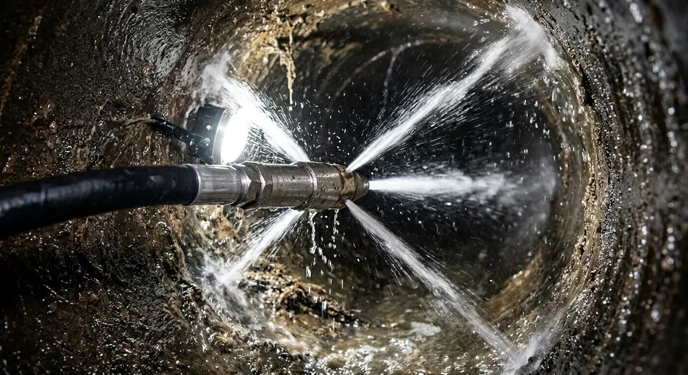 High-pressure hydro jetting nozzle cleaning sewer pipe for Trenchless Sewer Repair in Marvin