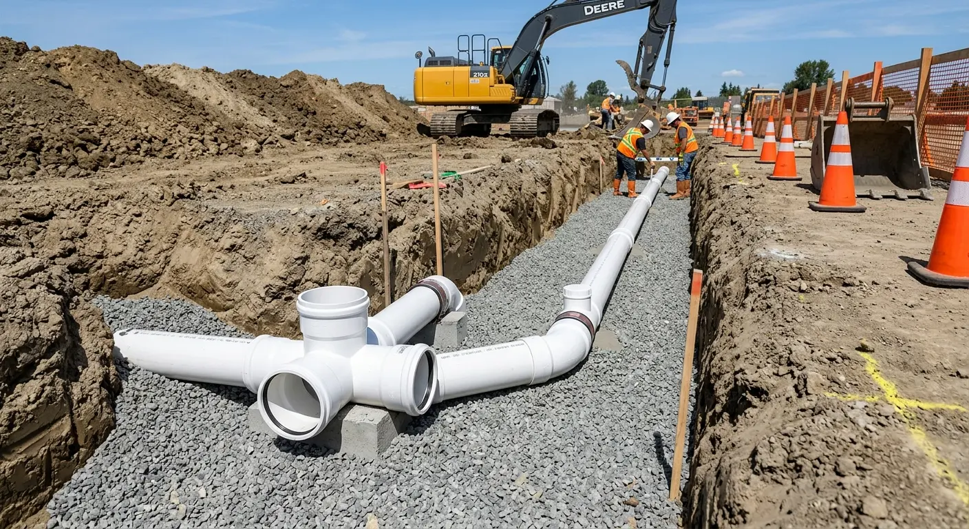 New PVC sewer pipe installation in open trench for Sewer Backup in Marvin