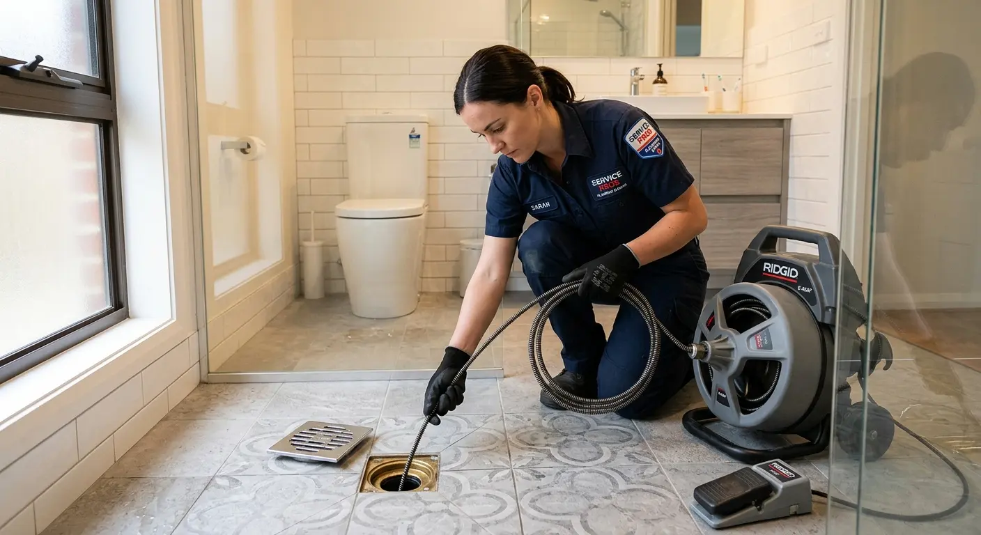 Technician clearing a bathroom floor drain for Sewer Line Replacement in Marvin